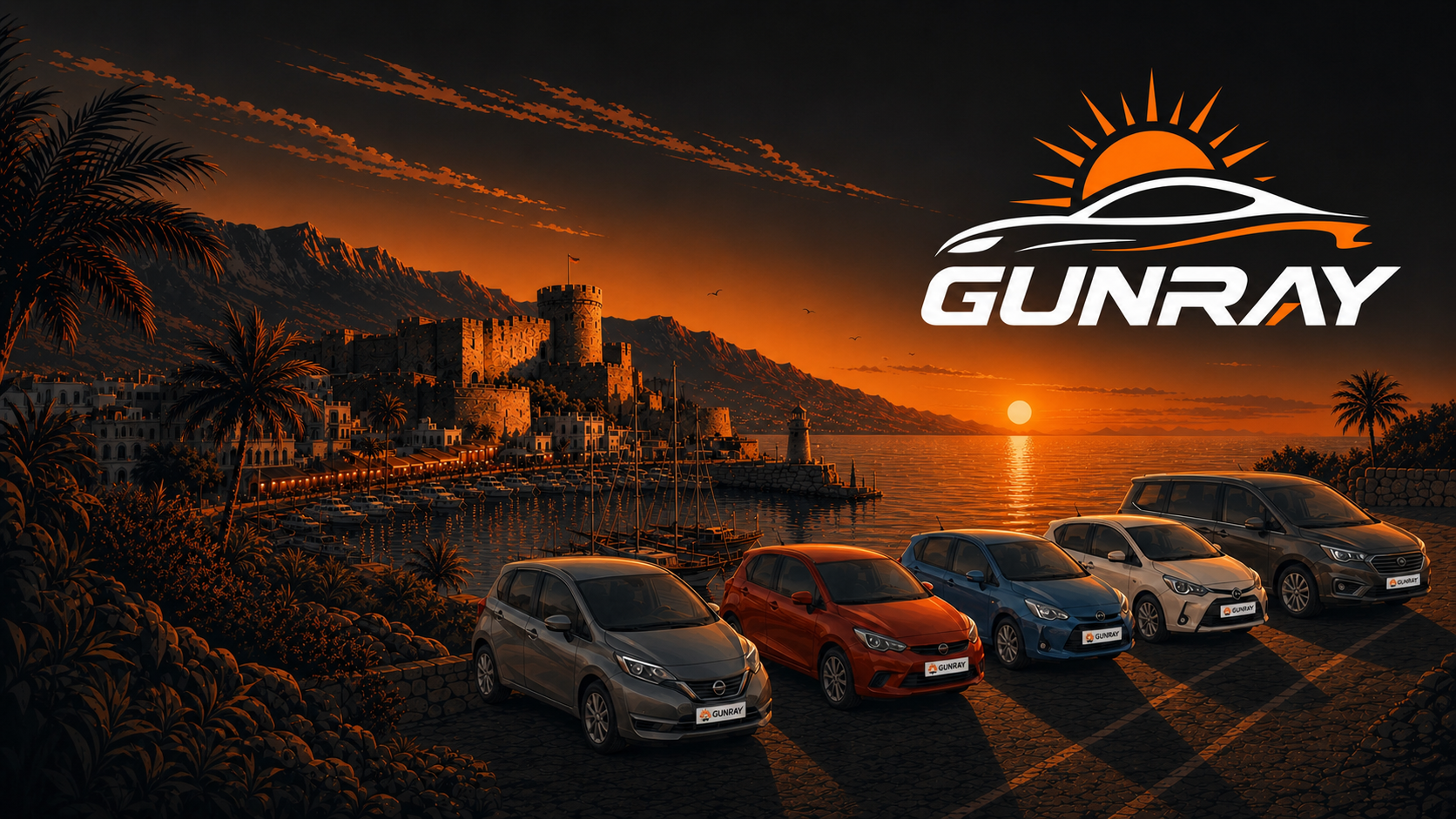 GÜNRAY rental fleet at Kyrenia harbour and castle at sunset, Northern Cyprus